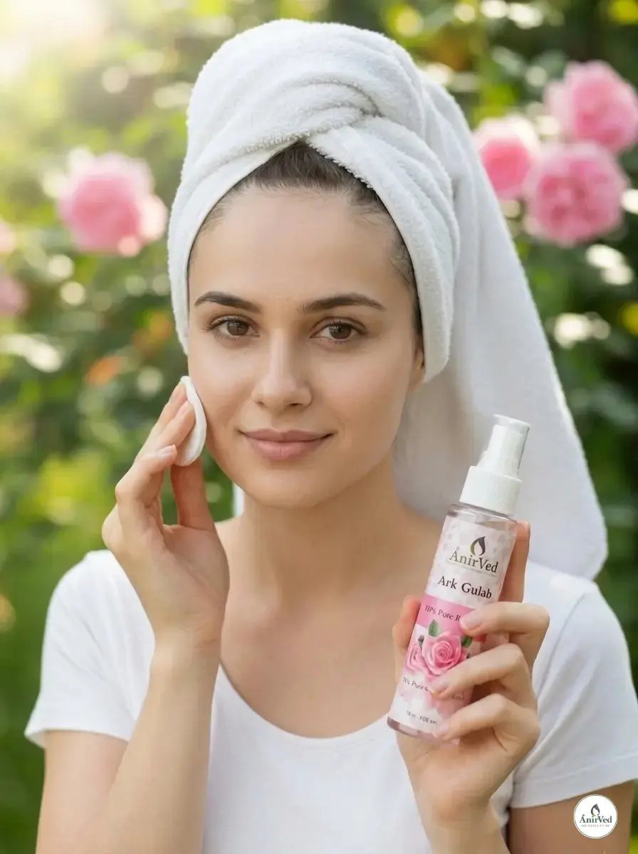 A girl is holding a natural skincare product named Ark Gulab from Anirved, an affordable Ayurvedic beauty.
